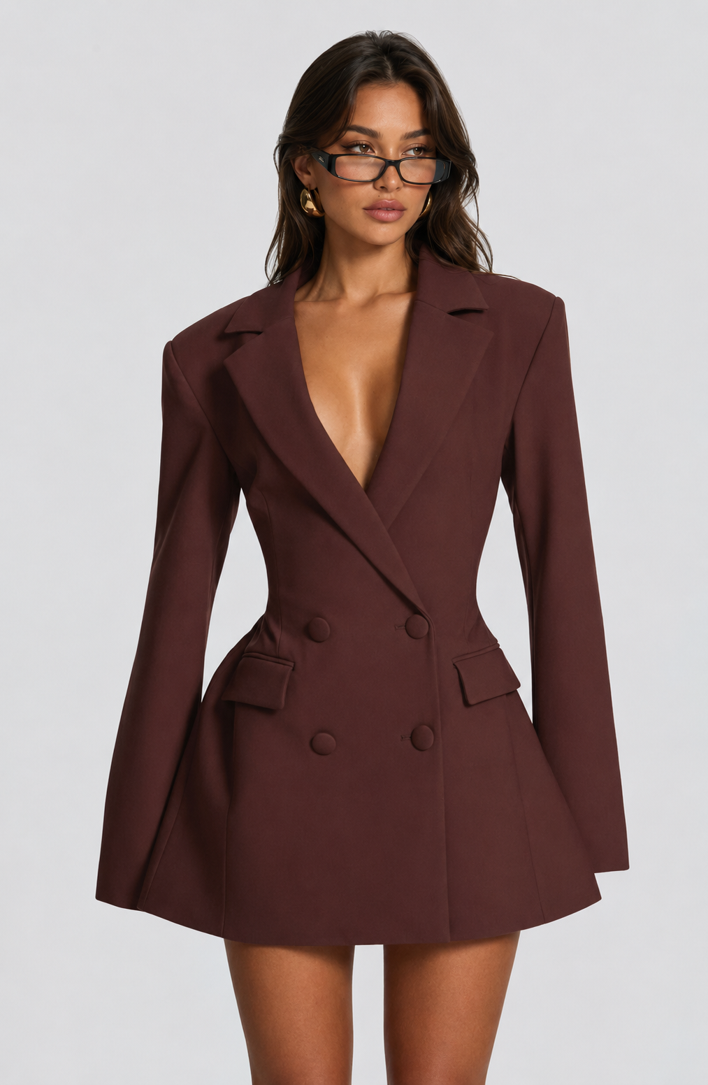 Koriora | Robe Blazer Mini Elvira — Coupe Structurée Chocolat & Col V Profond
