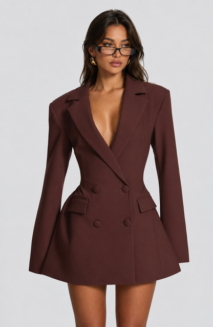 Koriora | Robe Blazer Mini Elvira — Coupe Structurée Chocolat & Col V Profond