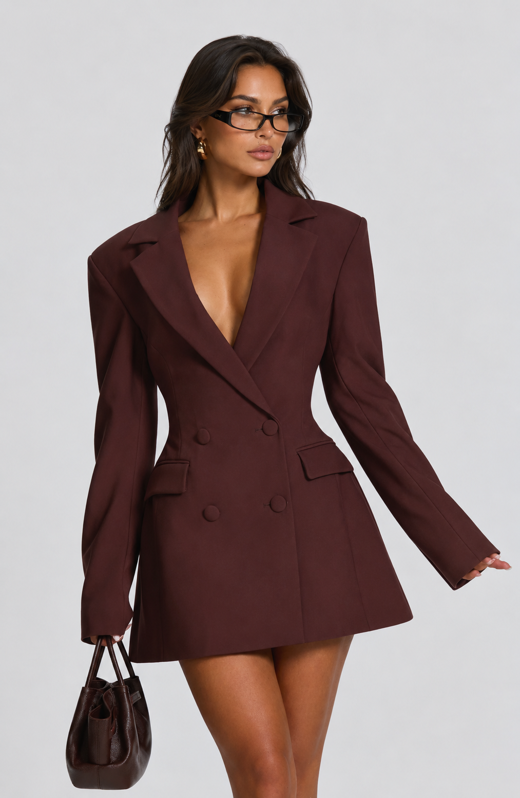 Koriora | Robe Blazer Mini Elvira — Coupe Structurée Chocolat & Col V Profond