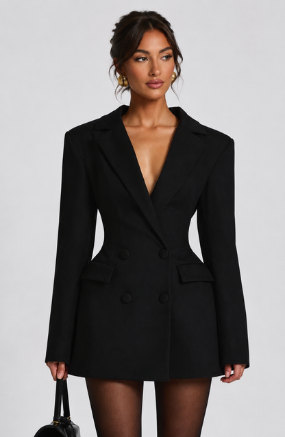 Koriora | Robe Blazer Mini Elvira — Coupe Structurée Chocolat & Col V Profond
