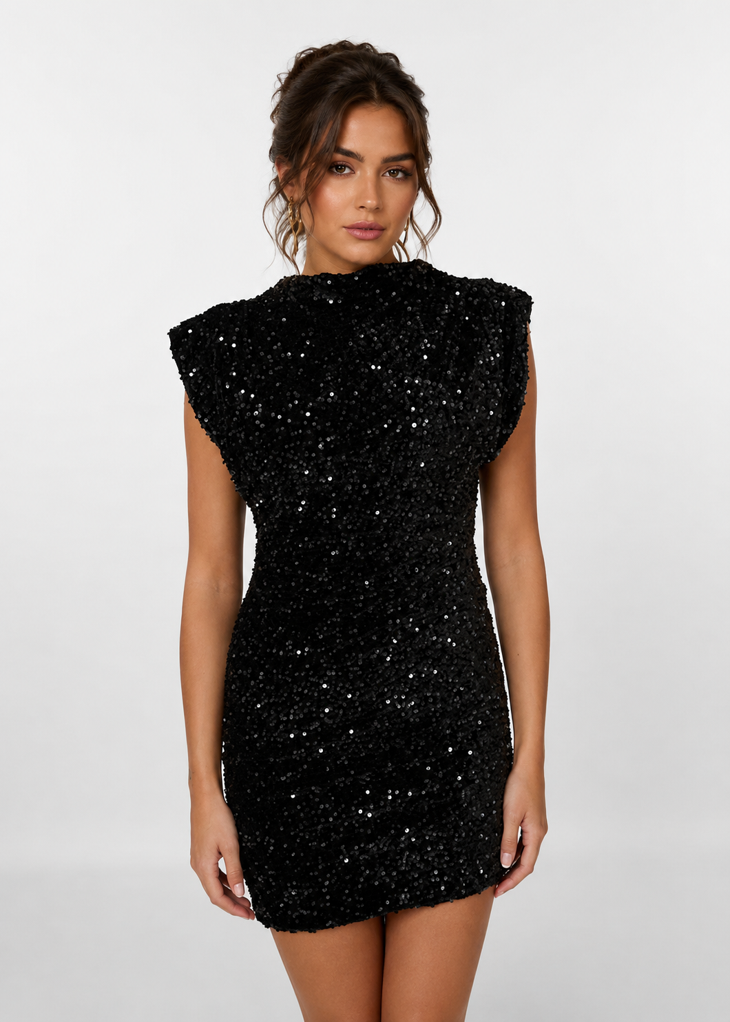 Koriora | Robe Mini Sequins Nova — Épaules Structurées & Col Montant