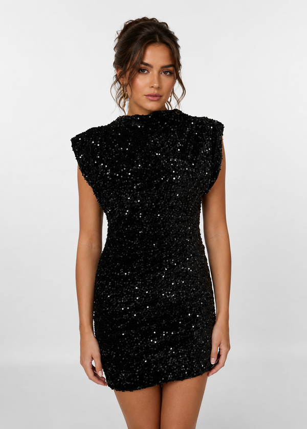 Koriora | Robe Mini Sequins Nova — Épaules Structurées & Col Montant