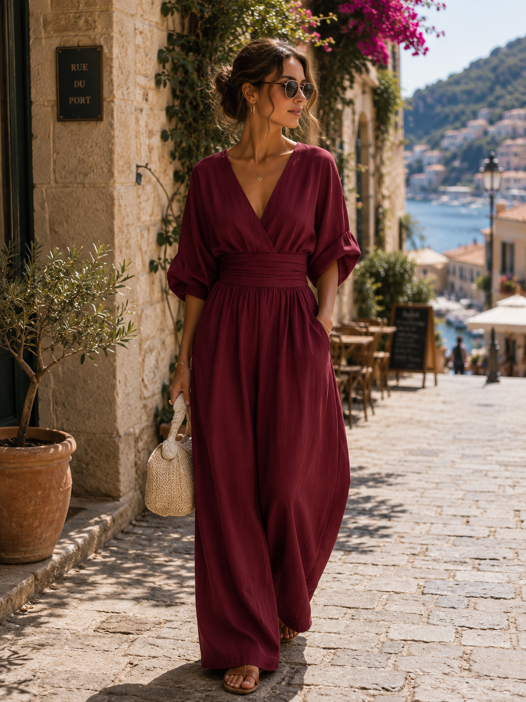 Koriora | Combinaison Élégante Col Croisé Femme — Jambes Larges & Taille Marquée