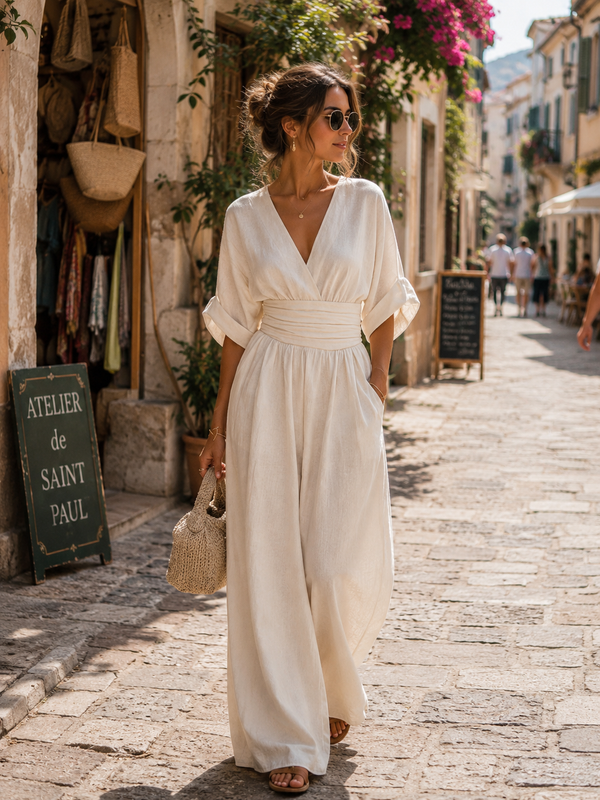 Koriora | Combinaison Élégante Col Croisé Femme — Jambes Larges & Taille Marquée