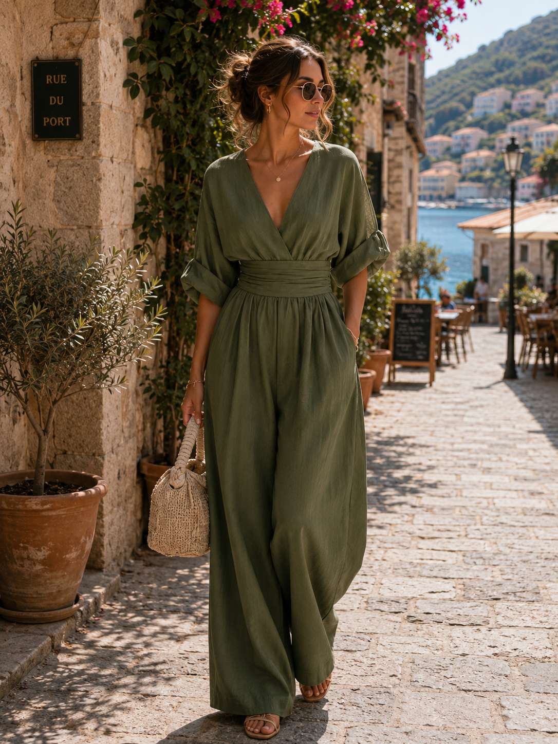 Koriora | Combinaison Élégante Col Croisé Femme — Jambes Larges & Taille Marquée