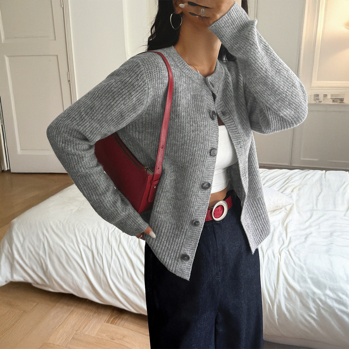Koriora | "Céleste" Cropped Ribbed Button-Through Cardigan — Soft Knit, Round Neck, Grey