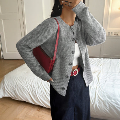 Koriora | "Céleste" Cropped Ribbed Button-Through Cardigan — Soft Knit, Round Neck, Grey