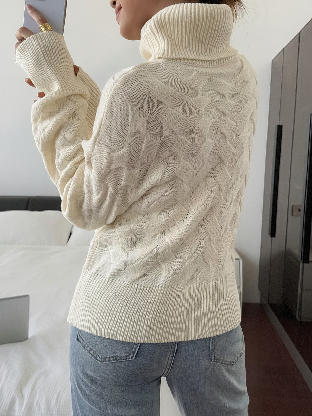 Koriora | "Margaux" High-Neck Cable-Knit Jumper — Soft Stretch Knit, Butter / Cream / Pink