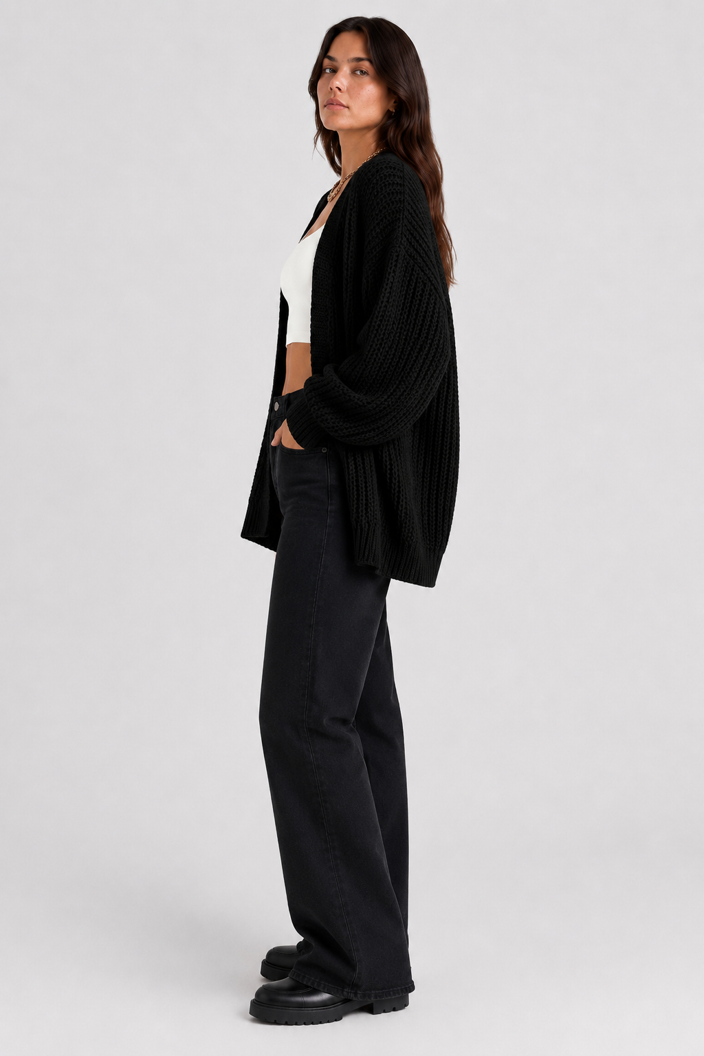 Koriora | "Alba" Oversized Long Ribbed Cardigan — Button-Through V-Neck with Patch Pockets, Black