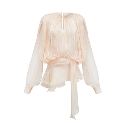 Koriora Robe Mini Bohème Ivoire à Manches Bouffantes – Robe Fluide Élégante Femme