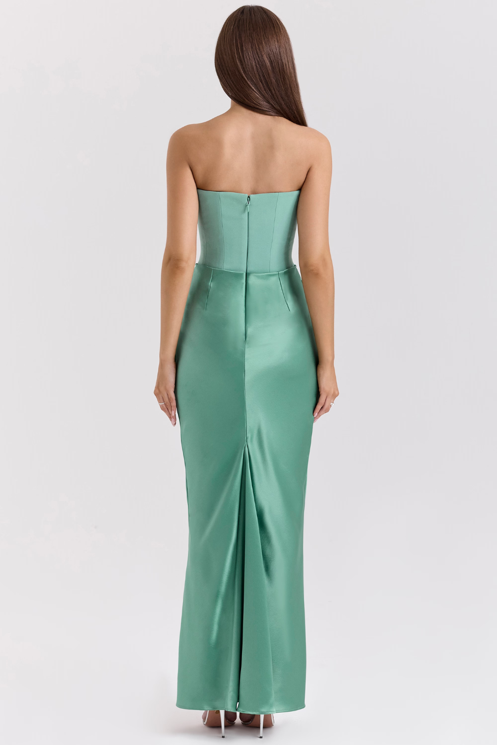 Koriora | Robe Maxi Satinée Serene — Bustier Élégant & Drapé Taille Vert Menthe