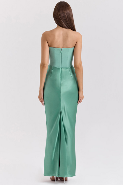 Koriora | Robe Maxi Satinée Serene — Bustier Élégant & Drapé Taille Vert Menthe