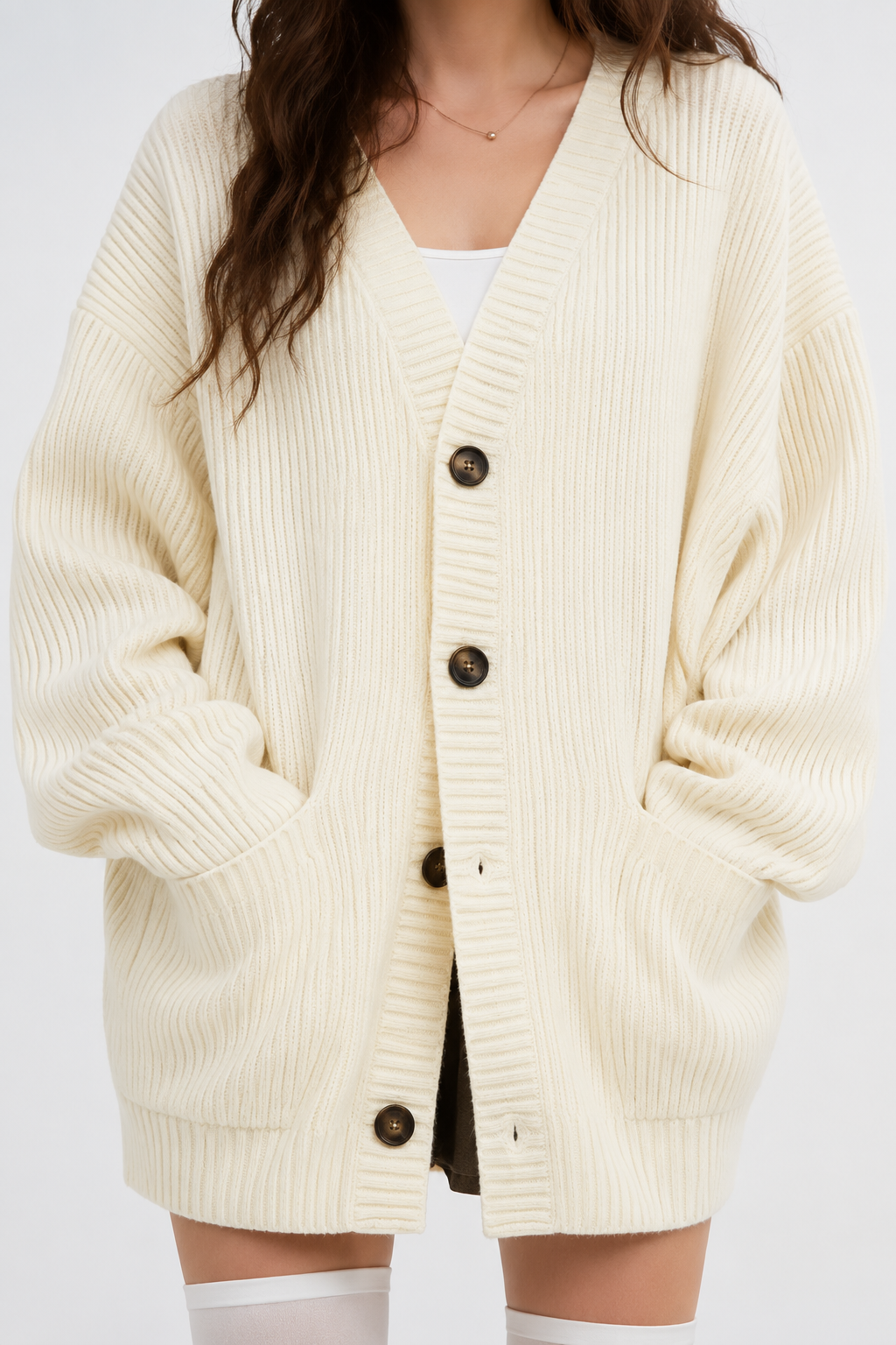 Koriora | "Alba" Oversized Long Ribbed Cardigan — Button-Through V-Neck with Patch Pockets, Black