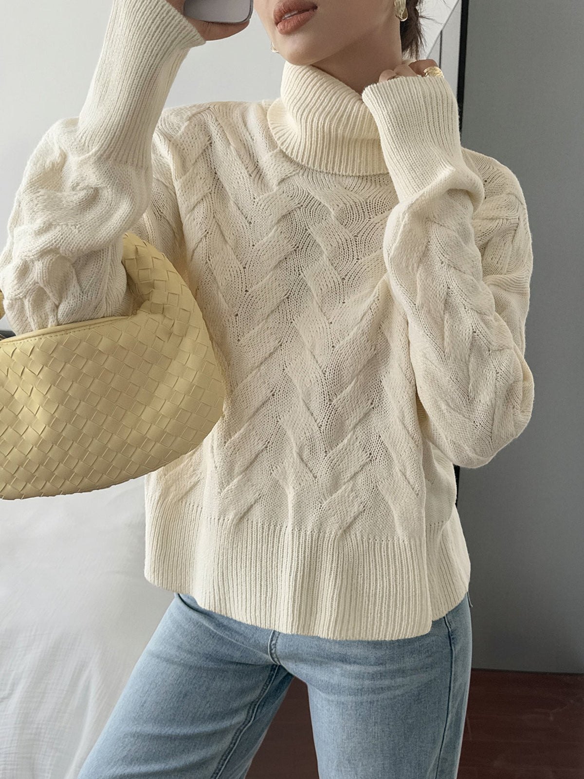 Koriora | "Margaux" High-Neck Cable-Knit Jumper — Soft Stretch Knit, Butter / Cream / Pink