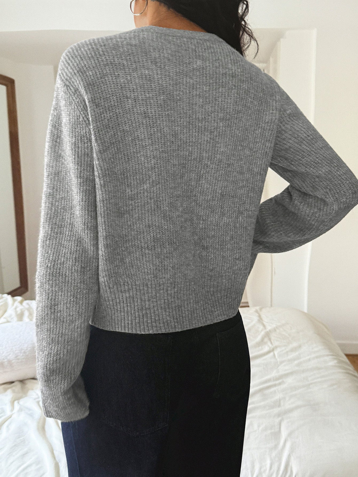 Koriora | "Céleste" Cropped Ribbed Button-Through Cardigan — Soft Knit, Round Neck, Grey