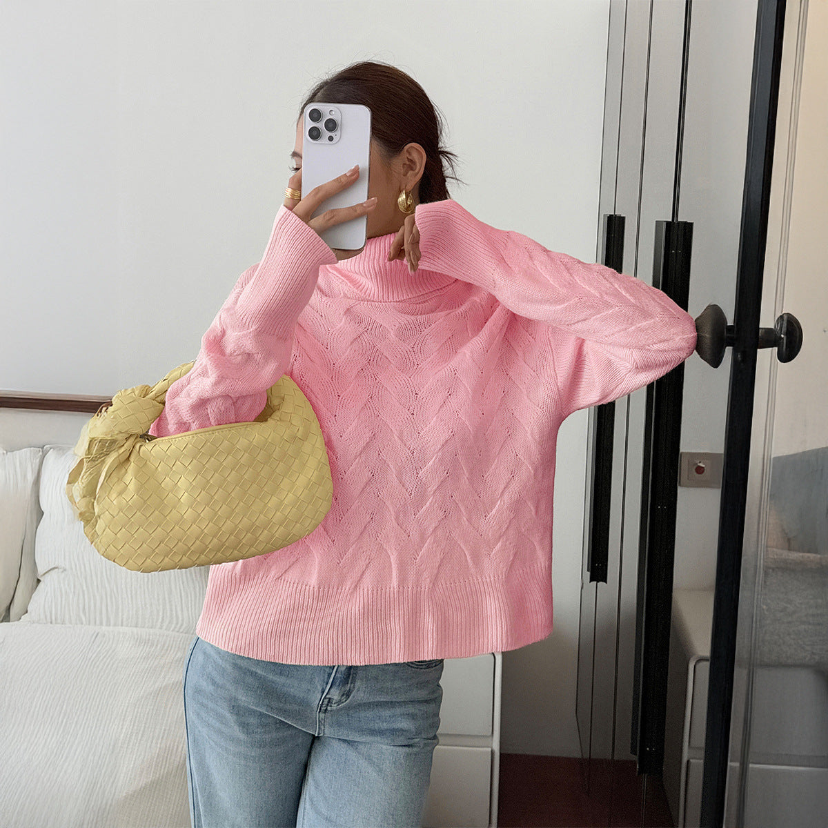 Koriora | "Margaux" High-Neck Cable-Knit Jumper — Soft Stretch Knit, Butter / Cream / Pink