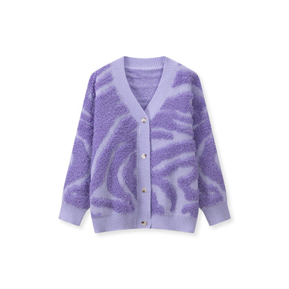 Koriora | "Safira" Zebra-Print Bouclé Cardigan — Loose Fit, V-Neck, Multicolour