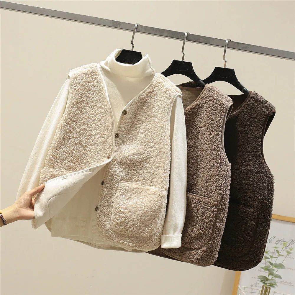 Gilet Femme Effet Mouton Boutonné avec Poches