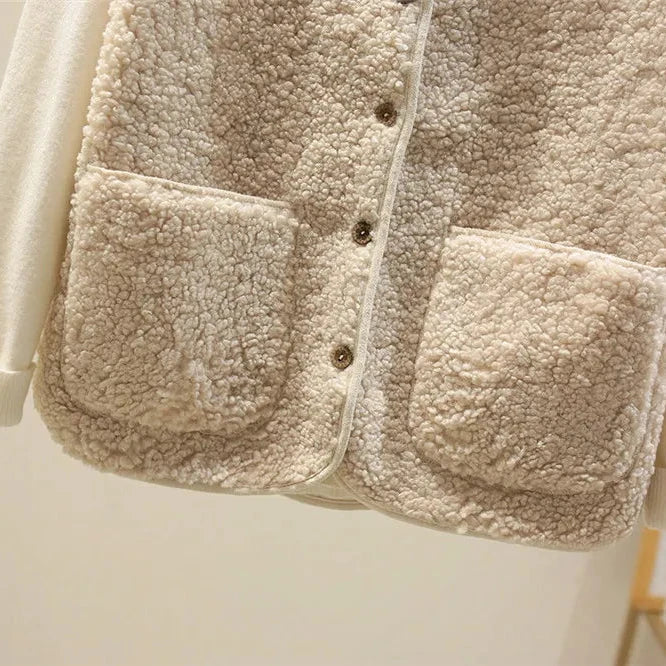 Gilet Femme Effet Mouton Boutonné avec Poches