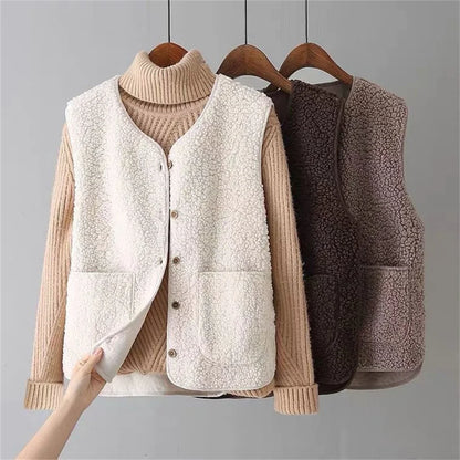 Gilet Femme Effet Mouton Boutonné avec Poches