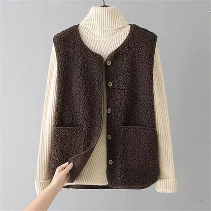 Gilet Femme Effet Mouton Boutonné avec Poches