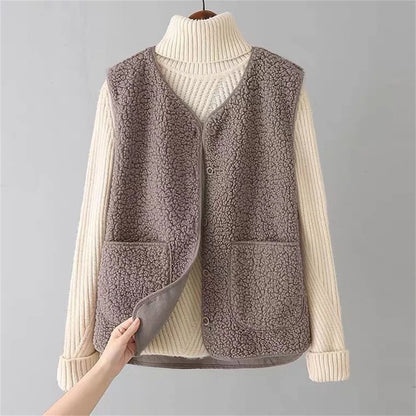 Gilet Femme Effet Mouton Boutonné avec Poches