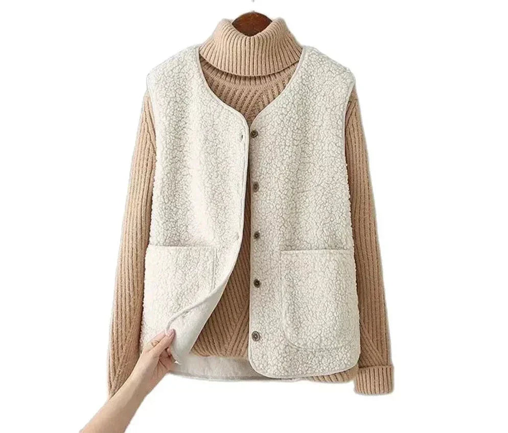 Gilet Femme Effet Mouton Boutonné avec Poches