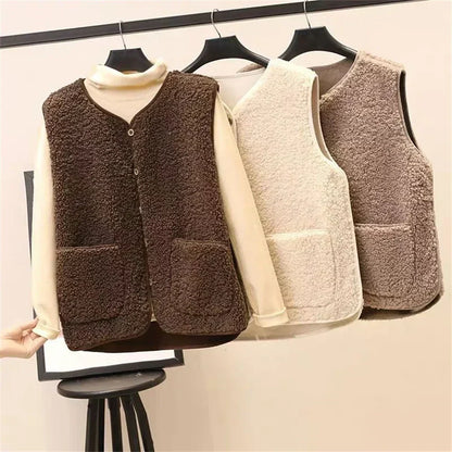 Gilet Femme Effet Mouton Boutonné avec Poches