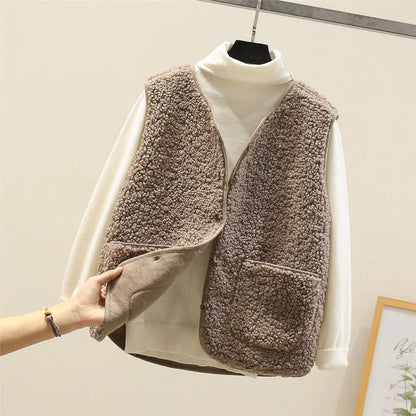 Gilet Femme Effet Mouton Boutonné avec Poches
