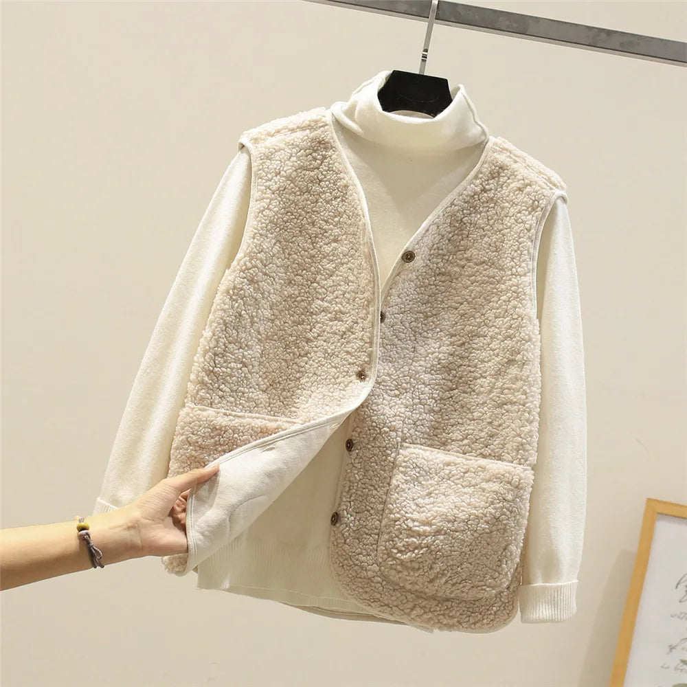 Gilet Femme Effet Mouton Boutonné avec Poches
