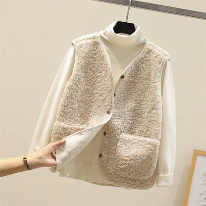 Gilet Femme Effet Mouton Boutonné avec Poches