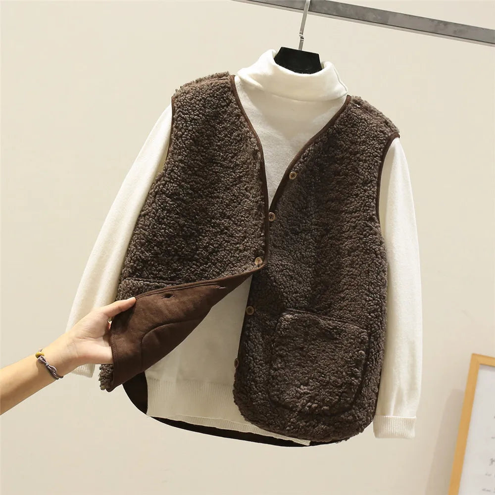 Gilet Femme Effet Mouton Boutonné avec Poches