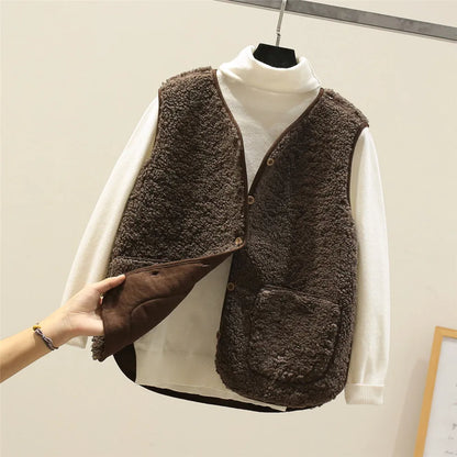 Gilet Femme Effet Mouton Boutonné avec Poches