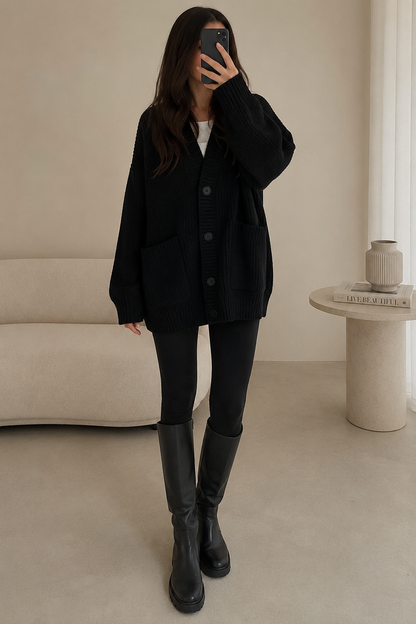 Koriora | "Alba" Oversized Long Ribbed Cardigan — Button-Through V-Neck with Patch Pockets, Black