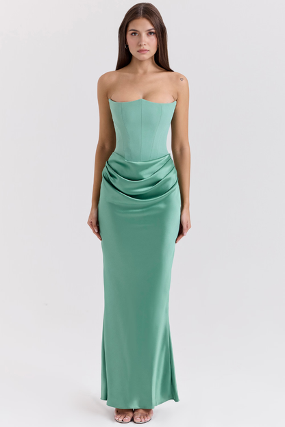 Koriora | Robe Maxi Satinée Serene — Bustier Élégant & Drapé Taille Vert Menthe