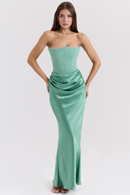 Koriora | Robe Maxi Satinée Serene — Bustier Élégant & Drapé Taille Vert Menthe