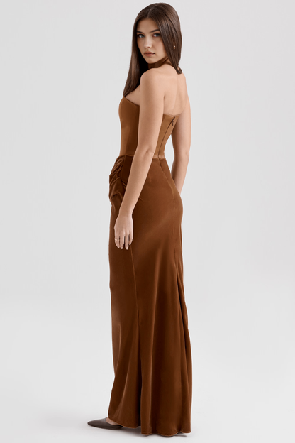 Koriora | Robe Maxi Satinée Serene — Bustier Élégant & Drapé Taille Vert Menthe
