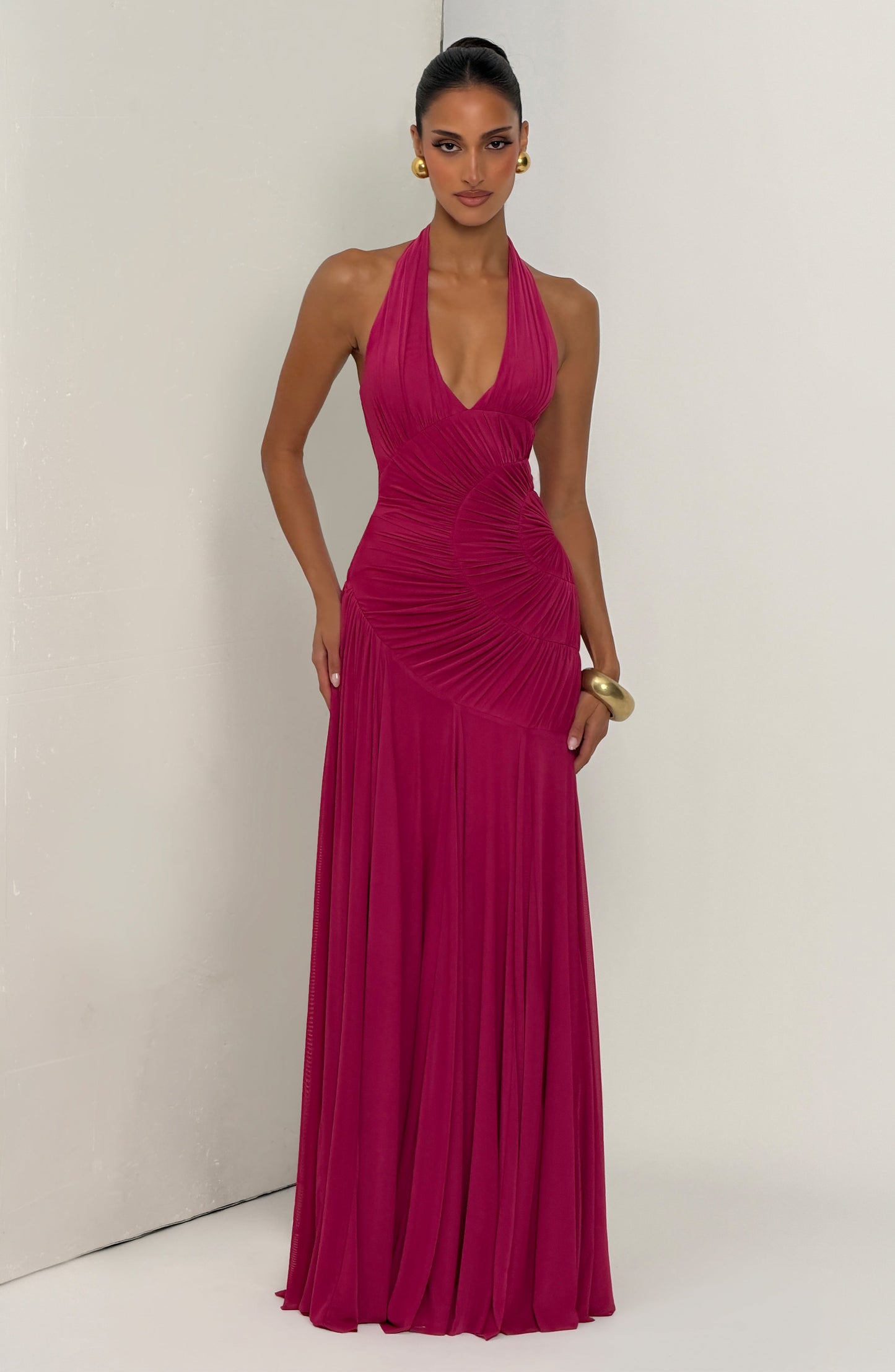 Koriora | Robe Maxi Halter Lise — Drapé Asymétrique & Mesh Premium