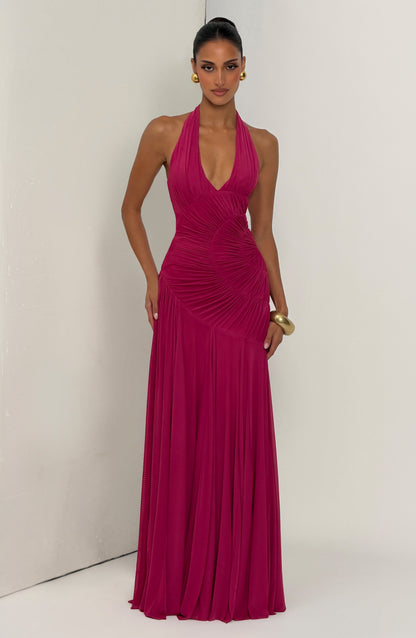 Koriora | Robe Maxi Halter Lise — Drapé Asymétrique & Mesh Premium