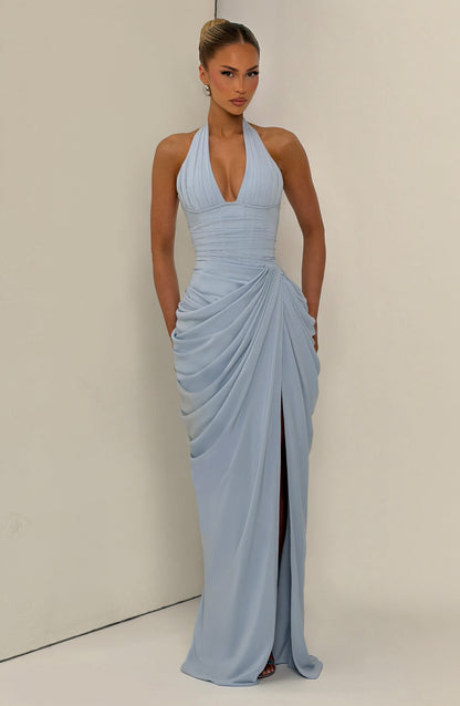 Koriora | Robe Maxi Bustier Linde — Halter Profond & Drapé Asymétrique