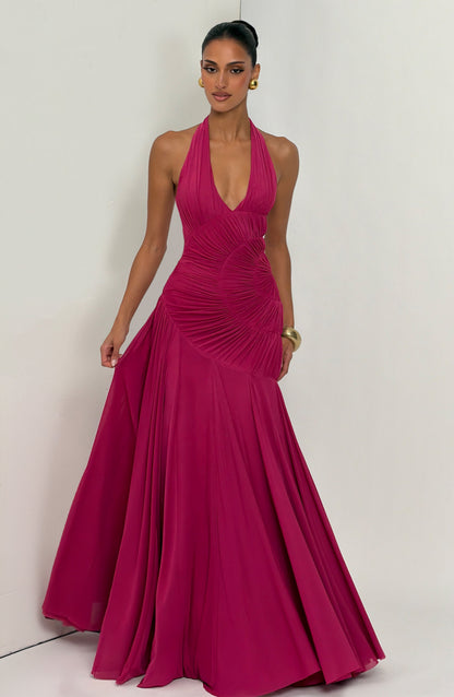 Koriora | Robe Maxi Halter Lise — Drapé Asymétrique & Mesh Premium