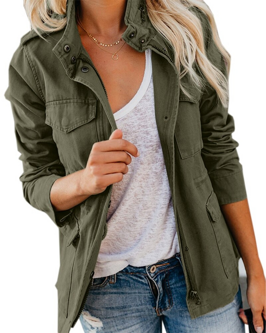 Women's Cotton-Blend Utility Jacket with Stand Collar and Pockets