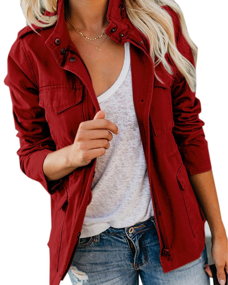 Women's Cotton-Blend Utility Jacket with Stand Collar and Pockets