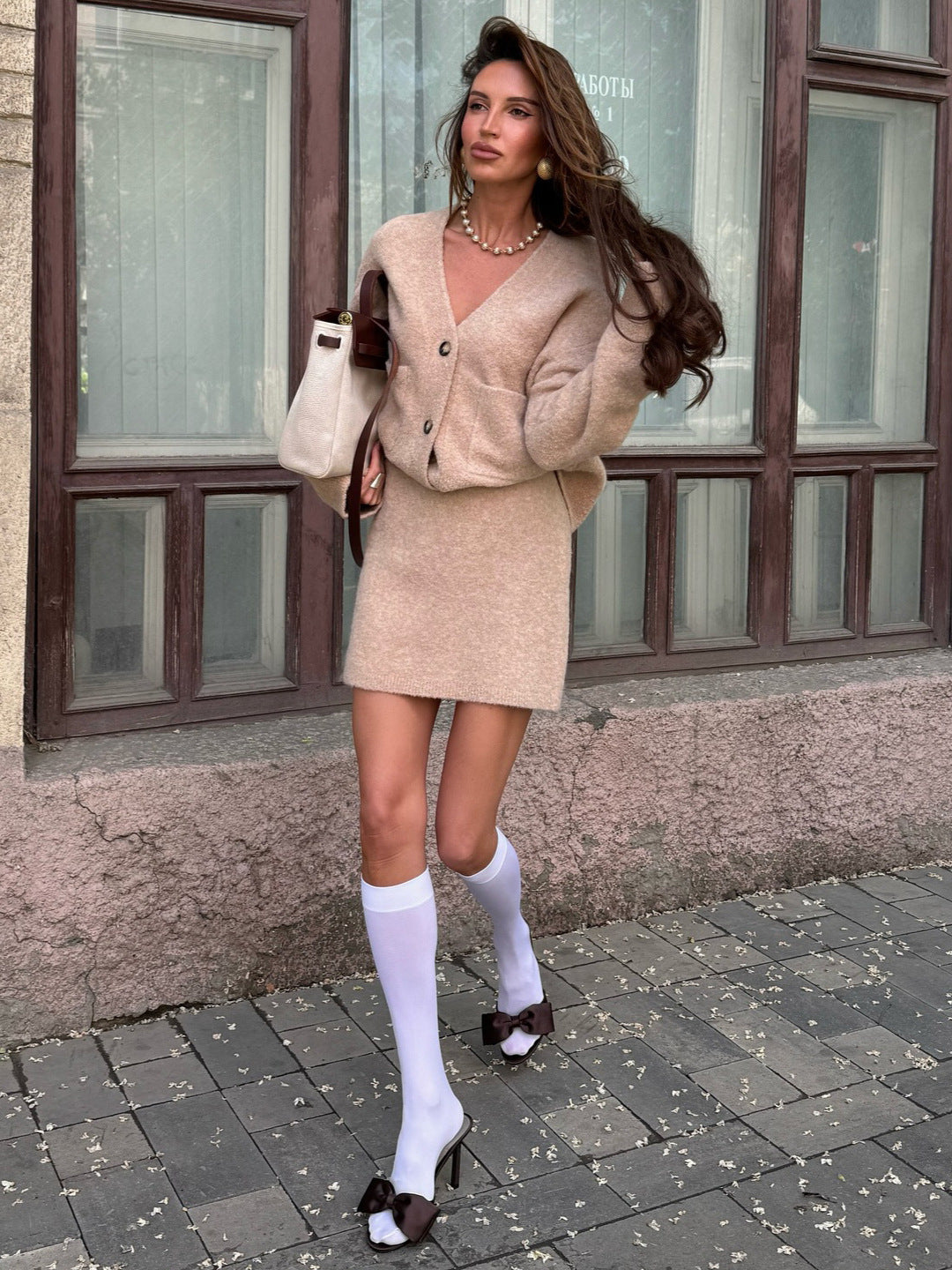 Koriora | Ensemble Knit Marelle Beige — Cardigan Boutons & Mini Jupe Cozy Chic