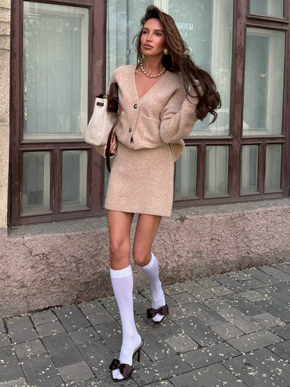 Koriora | Ensemble Knit Marelle Beige — Cardigan Boutons & Mini Jupe Cozy Chic