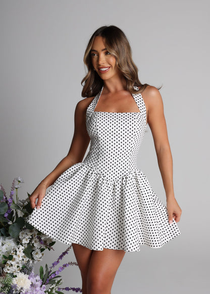 Koriora| Robe Mini Vintage à Pois Noir et Blanc Lorena