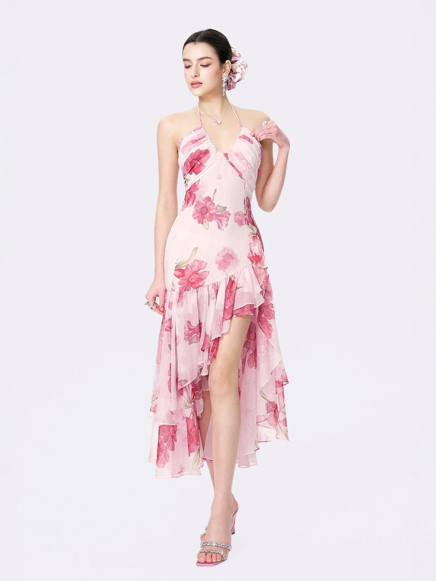 Koriora | Robe Maxi Chiffon Rain — Halter Fleuri & Ourlet Asymétrique Romantique