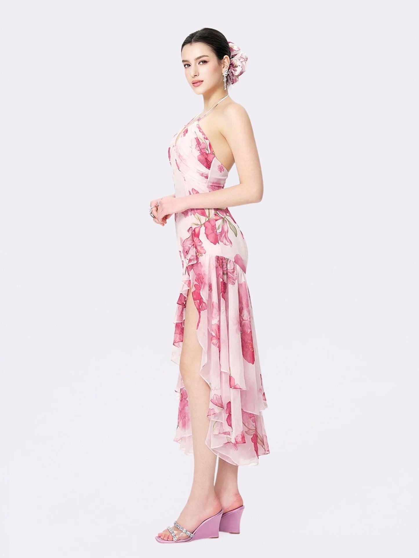 Koriora | Robe Maxi Chiffon Rain — Halter Fleuri & Ourlet Asymétrique Romantique