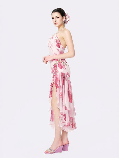 Koriora | Robe Maxi Chiffon Rain — Halter Fleuri & Ourlet Asymétrique Romantique