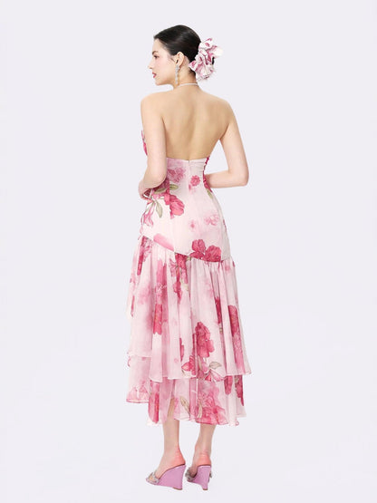 Koriora | Robe Maxi Chiffon Rain — Halter Fleuri & Ourlet Asymétrique Romantique